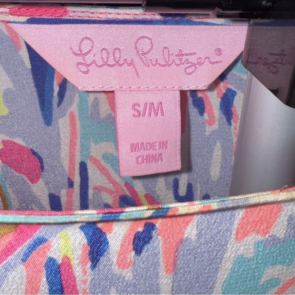 Lilly Pulitzer SILK CAFTAN DRESS Nice Stems PINK Palm Trees S/Medium​ - Picture 6 of 6